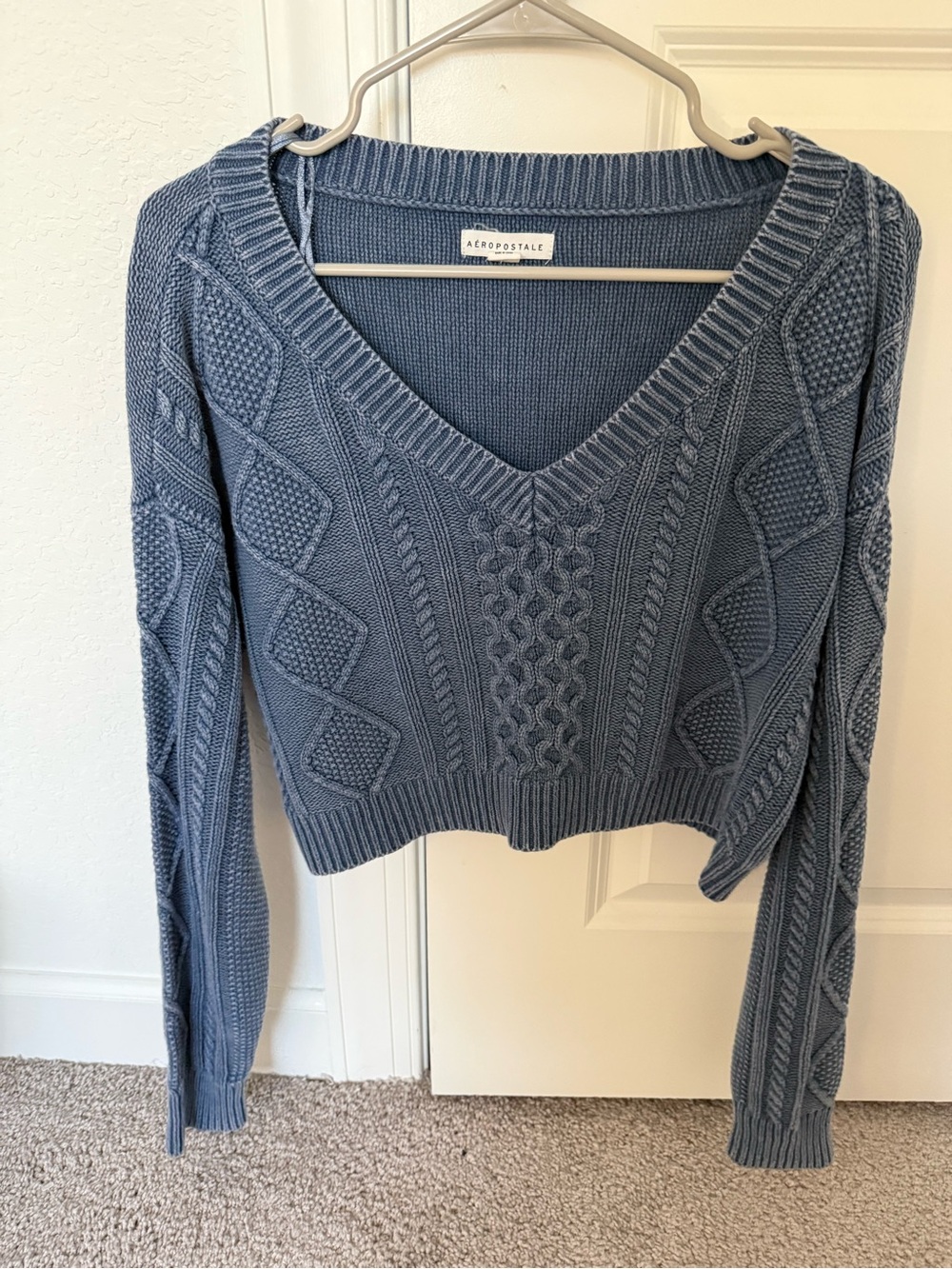 Aeropostale Women's Cable Knit V-Neck Sweater - Slate Blue